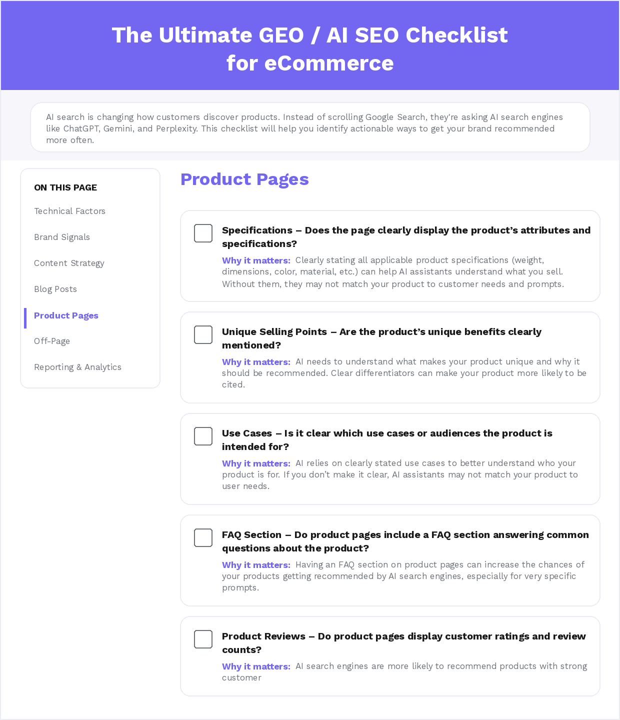 GEO AI SEO Checklist for eCommerce: Product Pages section preview